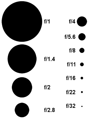 Echelle des diaphragmes.
La quantité de lumière double entre chaque graduation