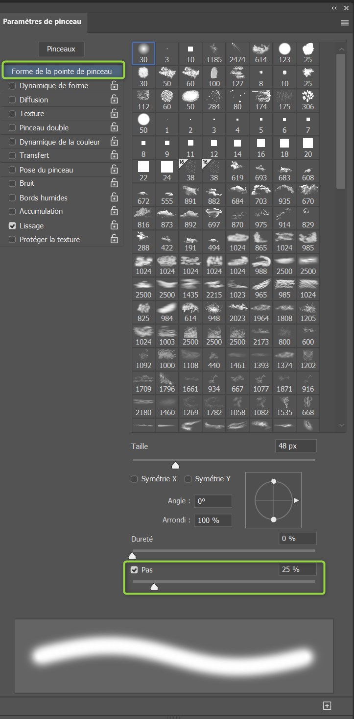 Paramètres du pinceau : forme de la pointe