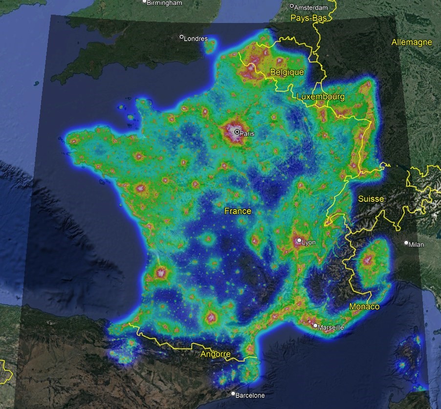 Carte de pollution lumineuse France établie par Frédéric Tapissier