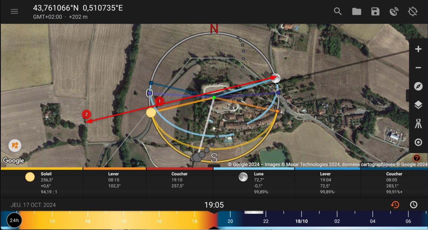 Positionnements avec Sun Surveyor pour un lever de lune sur le château de Lavardens