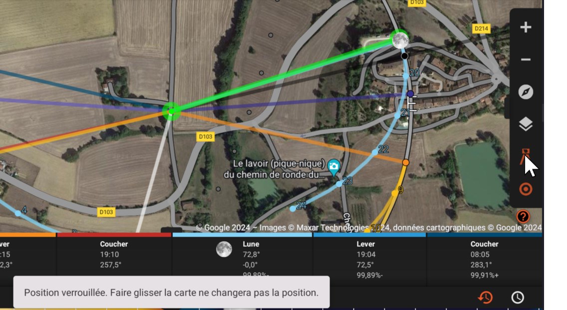 Verrouillage de la position de prise de vue et visualisation de l'alignement avec la cible et la lune à l'heure choisie