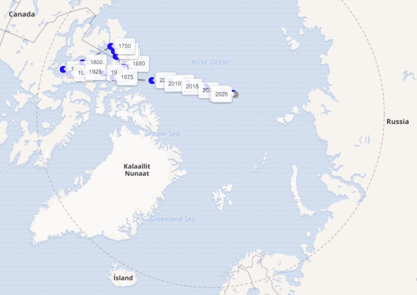 Carte de déplacement du pôle magnétique nord