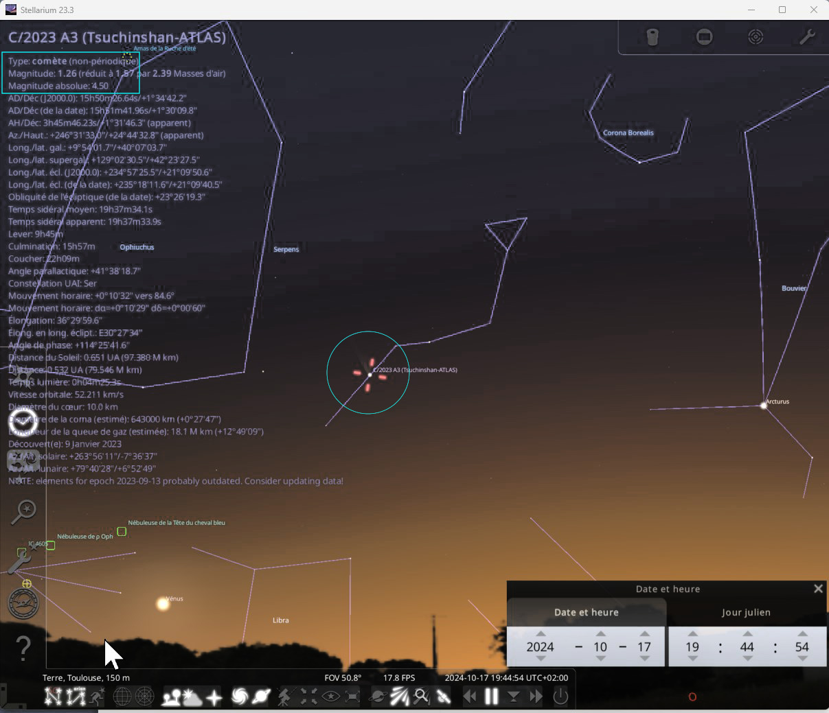 Visualisation de la comète C/2023 A3 dans Stellarium