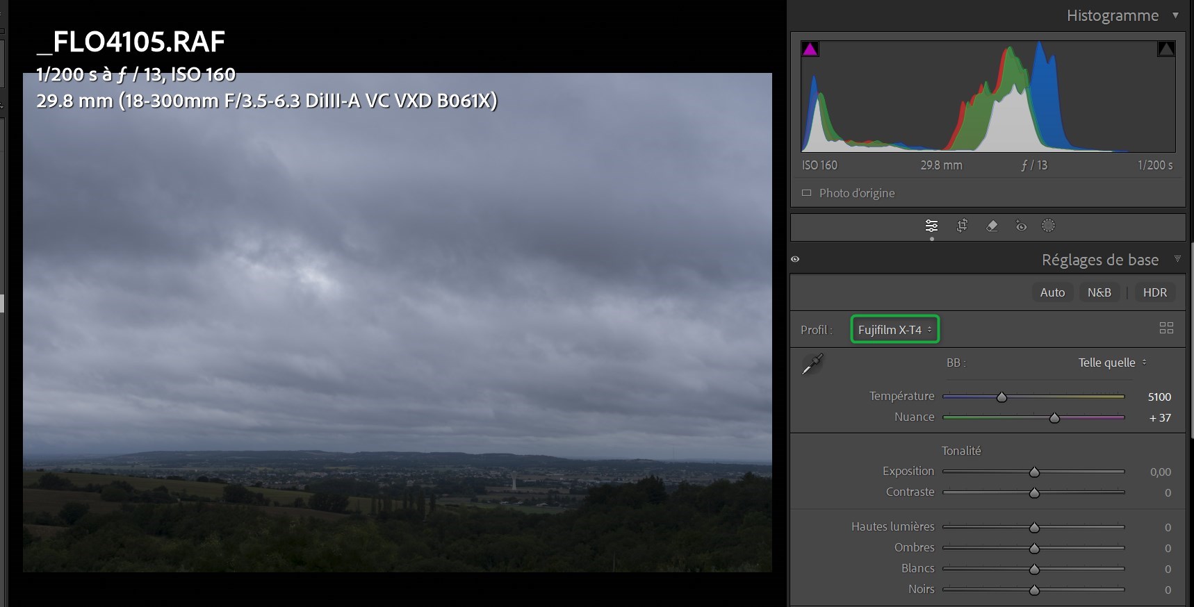 Dans lightroom, raw expo nominale profil calibré du boitier XT4