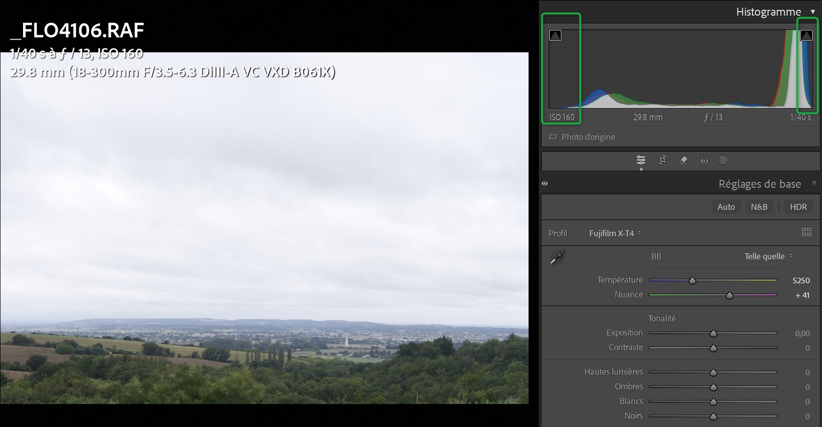 Dans lightroom, raw expo +2.3 profil calibré du boitier XT4