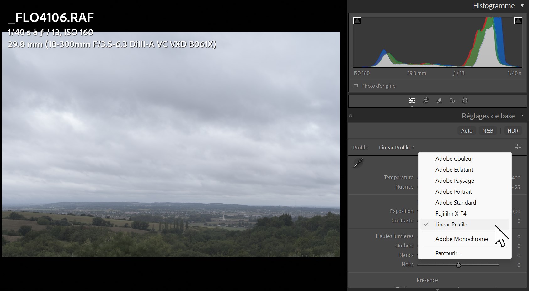 Dans lightroom, raw expo nominale profil linéaire du boitier XT4